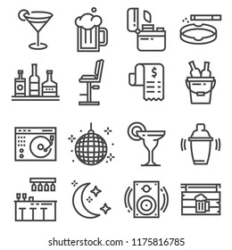 Vector line bar and pub icons set. Cigarette, lighter, beer, cocktail, shaker, ball disco and more
