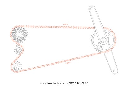 Vector line bicycle drivetrain cranks with red line chain with directional arrows. Isolated on white background.