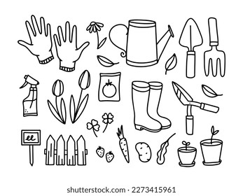 Vector Line Big Set of gardening tools and equipment. Small garden tools, pruning shears, watering can, gardening gloves, rubber boots, seeds.