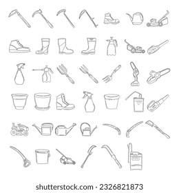 Vector Line Big Set of gardening tools and equipment. Small garden tools, pruning shears, watering can, gardening gloves, rubber boots