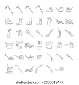 Vector Line Big Set of gardening tools and equipment. Small garden tools, pruning shears, watering can, gardening gloves, rubber boots