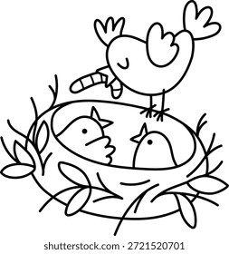 Vector line bird with worm in beak feeding nestlings in the nest. Farm or Easter village black and white illustration isolated on white background. Cute spring animal clipart or coloring page for kids
