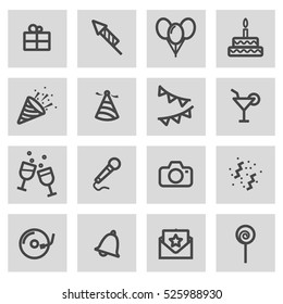 Vector line birthday icons set on grey background