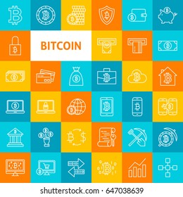 Vector Line Bitcoin Icons. Thin Outline Cryptocurrency Symbols over Colorful Squares.