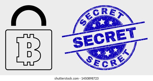 Vector line bitcoin lock icon and Secret seal stamp. Blue round textured seal with Secret title. Black isolated bitcoin lock icon in line style.