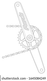 Vector line black bicycle crank with chain and logo Freeride. Isolated on white background.