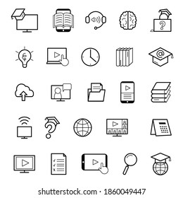 Vector line black icon set for computer, tablet, mobile website design. Concept online education, remote learning, training, video lesson, homework, webinar, audio course and book library. 