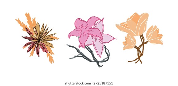 Linha de vetor preto ilustração gráfica flores definir peônia, protea, tulipa, íris com cores manchas.