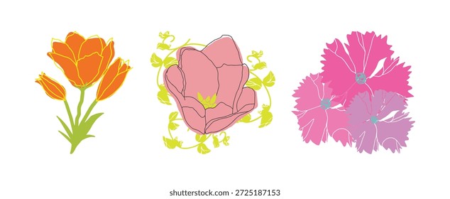 Linha de vetor preto ilustração gráfica flores definir peônia, protea, tulipa, íris com cores manchas.