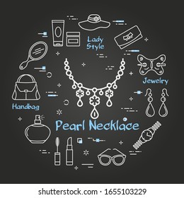 Vector line black round concept of Pearl Necklace. Cosmetic, jewelry, hygiene lady items, clothing, shoes and other womens accessories shown by outline icons arranged on modern web banner