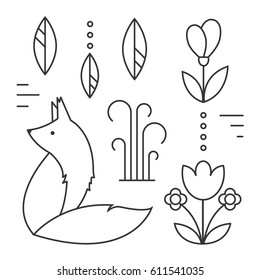 Vector line black and white illustration. Fox, leaf and flowers. Line icons