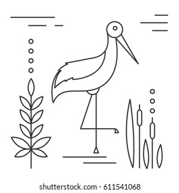 Vector line black and white illustration. Heron on the swamp with plant and reeds.