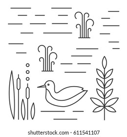 Vector line black and white illustration. Duck with plants and reeds. Linear icons.