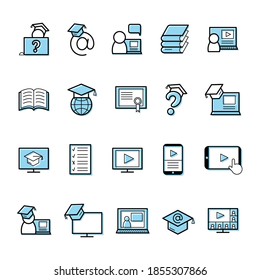 Vector line blue icon set for website on computer, tablet, mobile. Concept online education, remote learning, training, video lesson, homework, webinar, audio course and book library. 