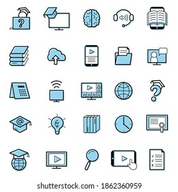 Vector line blue icon set for website on computer, tablet, mobile. Concept online education, remote learning, training, video lesson, homework, webinar, audio course and book library. 