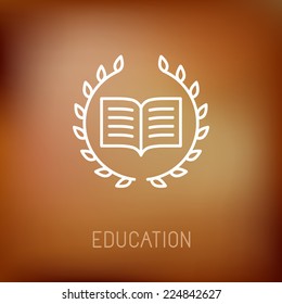 Vector line book icon with wreath - education concept and logo design element