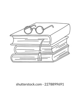 Vektorgrafik-Bücher mit Lesezeichen und Brille. Konkrete Illustration. Stapelstapelsymbol