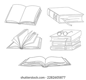 Vector line books with bookmark and glasses. Outline illustration set. Open book line icon isolated on white