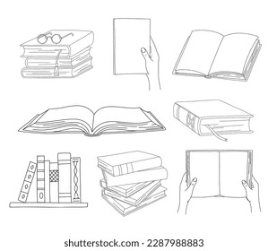 Vector line books with bookmark and glasses. Bookshelf. Outline illustration set. Open book line icons