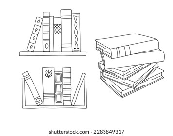 Libros de vectores en la estantería. Conjunto de ilustraciones de esquema. Icono de línea de pila de libros aislado en blanco