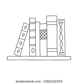 Vector line books stack on bookshelf. Outline doodle illustration isolated on white