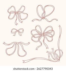 Linha de vetor Bow knots, coleção de arcos de presente. Projeto de arco desenhado à mão conjunto isolado no fundo branco. gráficos lineares elegantes. Celebração do casamento, feriado, decoração da festa, presente, conceito presente. 