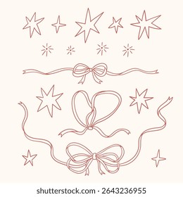 Linha de vetor Bow knots, coleção de arcos de presente. Desenhado à mão arco e desenho estrela conjunto isolado no fundo branco. Celebração do casamento, feriado feliz, decoração da festa, presente, conceito presente. 