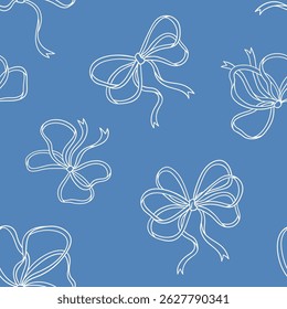 Vector line bows seamless pattern, gift bows collection.  Wedding celebration print, holiday, christmas party decoration, present concept. Vector hand drawing Bow knots on blue background.
