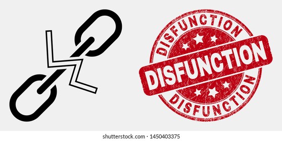 Vector line break chain pictogram and Disfunction seal stamp. Blue rounded distress seal stamp with Disfunction phrase. Black isolated break chain pictogram in contour style.