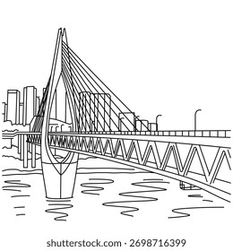 Linha de vetor da ponte, projeto simples bonito da ponte de cabo-hospedado, desenho da mão preto e branco da ponte.Ilustração do vetor