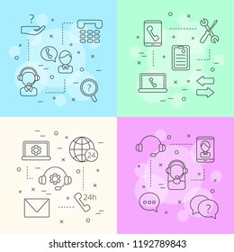 Vector line call support center icons infographic concept illustration. Support internet call service, center help web