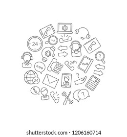 Vector line call support center icons in circle shape illustration isolated on white