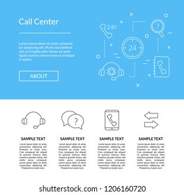 Vector line call support center icons landing page template illustration