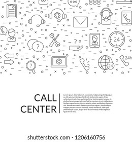 Vector line call support center icons background with place for text illustration