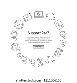 Vector line call support center icons in circle shape with place for text illustration