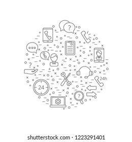 Vector line call support center icons in circle shape illustration