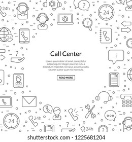 Vector line call support center icons background with place for text illustration