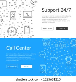 Vector line call support center icons web banner templates illustration