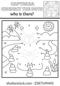 Vector line capybara dot-to-dot and color activity with cute animal meditating in rock garden, nature scene. Capibara black and white connect the dots game, coloring page for children
