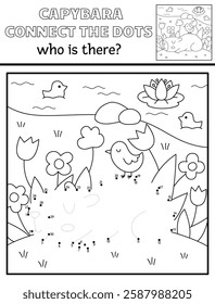 Vector line capybara dot-to-dot and color activity with cute animal sleeping among flowers, nature scene. Capibara black and white connect the dots game, coloring page for children
