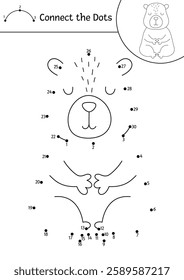 Vector line capybara dot-to-dot and color activity with cute meditating animal. Simple black and white connect the dots game, coloring page for children with relaxing capibara
