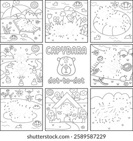 Vector line capybara dot-to-dot and color activity set with animal sunbathing, meditating, relaxing. Capibara black and white connect the dots game, coloring page for children
