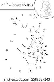 Vector line capybara dot-to-dot and color activity with cute animal eating watermelon. Simple black and white connect the dots game, coloring page for children with relaxing capibara
