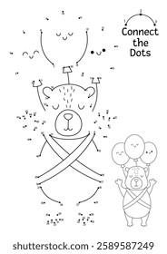 Vector line capybara dot-to-dot and color activity with cute animal flying on bunch of balloons. Simple black and white connect the dots game, coloring page for children with relaxing capibara
