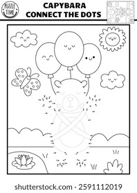 Vector line capybara dot-to-dot and color activity with cute animal flying on balloons, summer nature scene. Capibara black and white connect the dots game, coloring page for children
