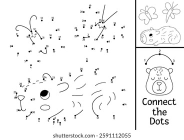 Vector line capybara dot-to-dot and color activity with cute animal looking at butterflies. Simple black and white connect the dots game, coloring page for children with relaxing capibara
