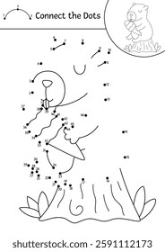 Vector line capybara dot-to-dot and color activity with cute animal eating ice-cream. Simple black and white connect the dots game, coloring page for children with relaxing capibara
