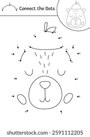 Vector line capybara dot-to-dot and color activity with cute animal head with tangerine hat. Simple black and white connect the dots game, coloring page for children with relaxing capibara
