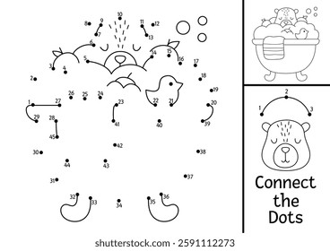 Vector line capybara dot-to-dot and color activity with cute animal taking bath with tangerines. Simple black and white connect the dots game, coloring page for children with relaxing capibara
