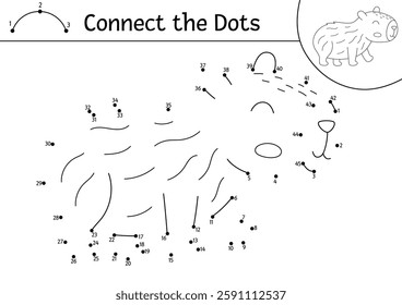 Vector line capybara dot-to-dot and color activity with cute animal with closed eyes. Simple black and white connect the dots game, coloring page for children with relaxing capibara
